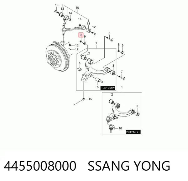 Tuerca del perno de fijación del brazo delantero inferior 4455008000 Ssang Yong