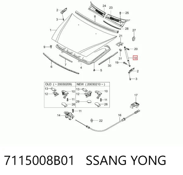 Amortiguador de capó 7115008B01 Ssang Yong
