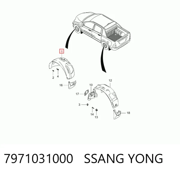 Guardalodos interior izquierdo, guardafango delantero 7971031000 Ssang Yong