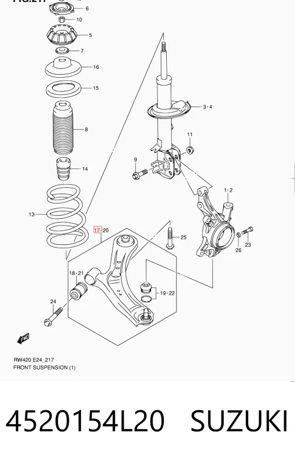 Brazo inferior derecho de la suspensión delantera 4520154L20 Suzuki