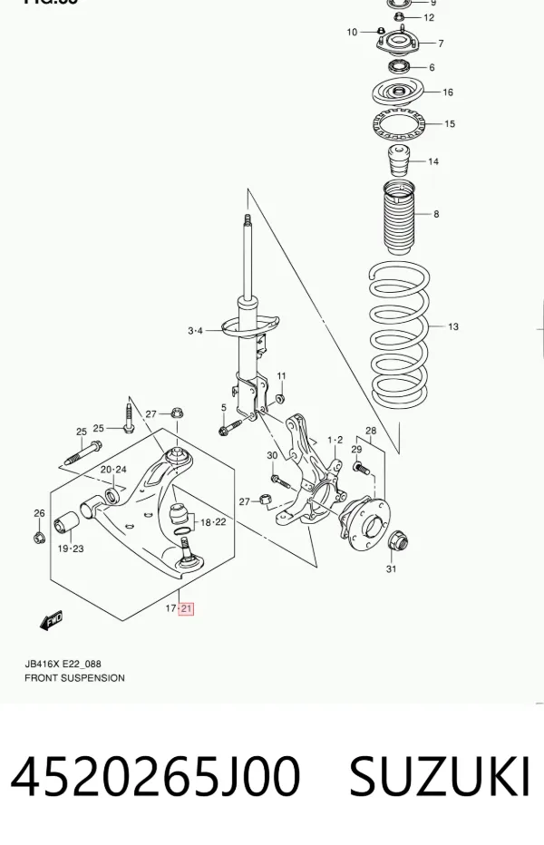 Brazo inferior izquierdo de la suspensión delantera 4520265J00 Suzuki