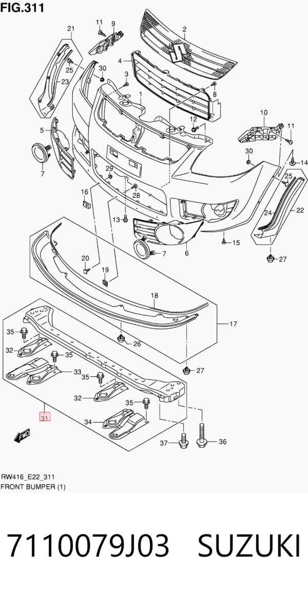 Soporte inferior del radiador (panel de montaje de faros) 7110079J03 Suzuki