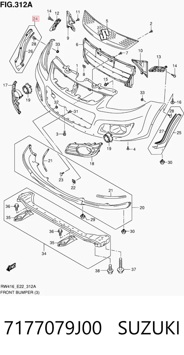 Moldura derecha del parachoques delantero 7177079J00 Suzuki