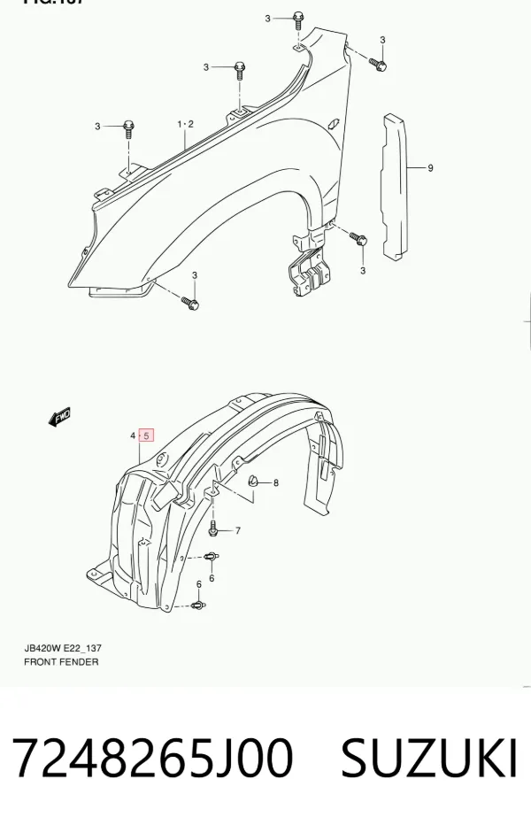 Guardalodos interior izquierdo, guardafango delantero 7248265J00 Suzuki