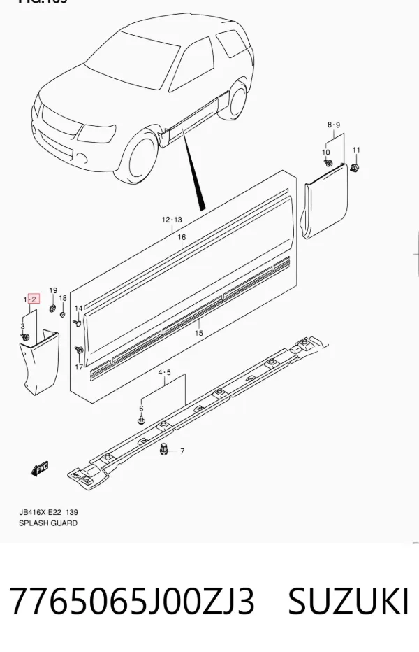 Extensión de aleta delantera izquierda 7765065J00ZJ3 Suzuki