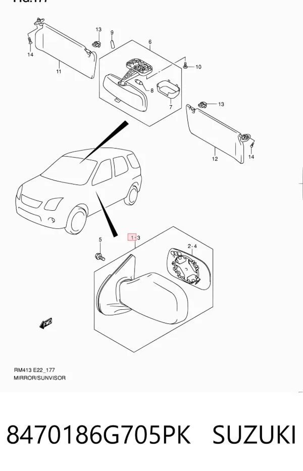 Espejo de retrovisor derecho 8470186G705PK Suzuki