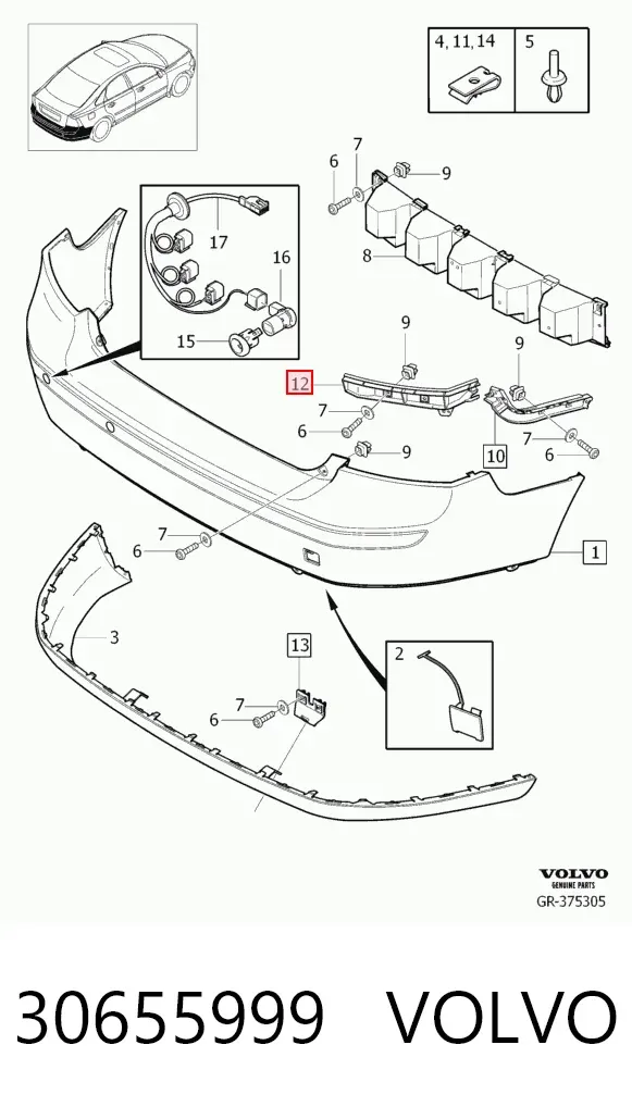 Soporte del parachoques trasero derecho 30655999 Volvo