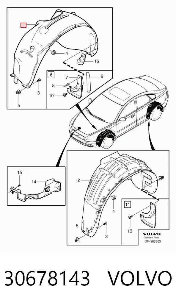 Guardalodos interior izquierdo, guardafango delantero 30678143 Volvo