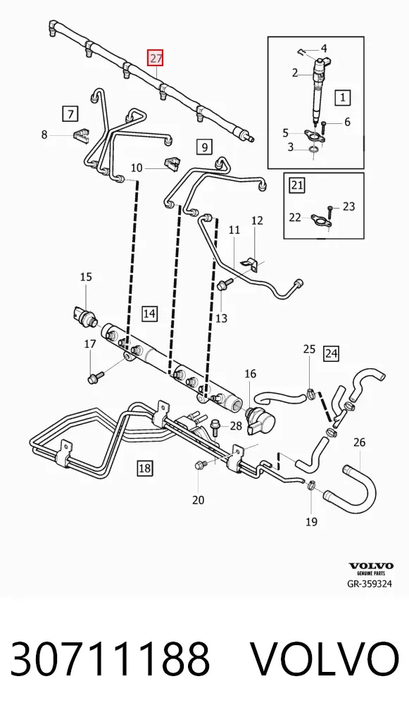 Tubería de retorno de combustible de los inyectores 30711188 Volvo