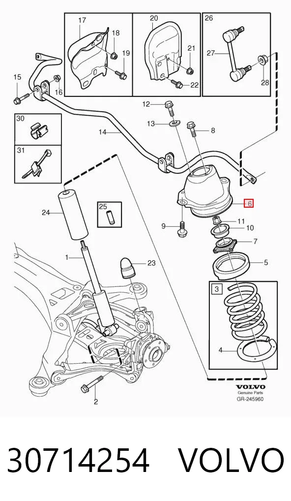Soporte del amortiguador trasero izquierdo 30714254 Volvo