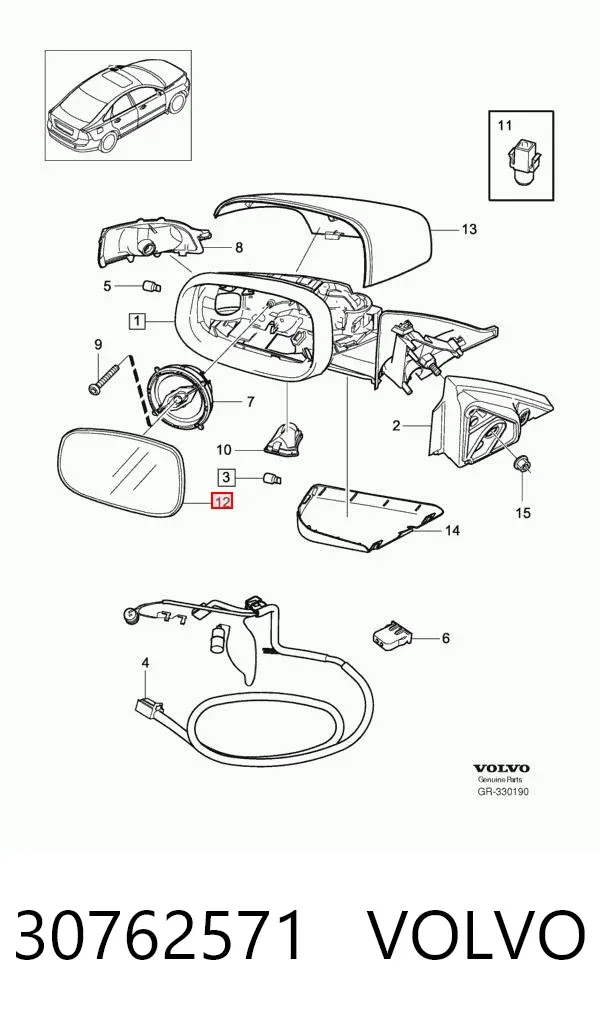 Cristal de espejo retrovisor exterior izquierdo 30762571 Volvo