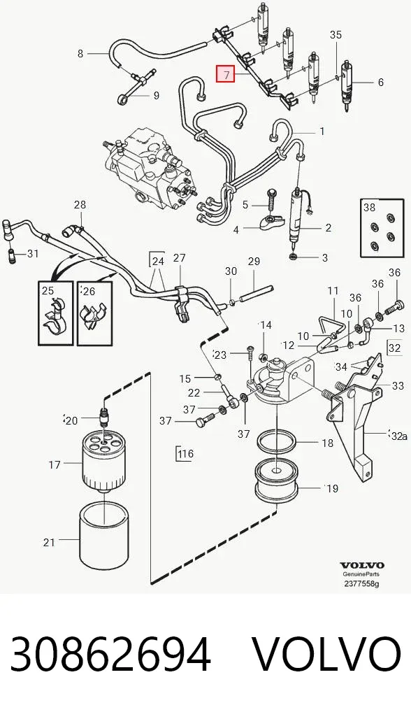Tubería de retorno de combustible de los inyectores 30862694 Volvo
