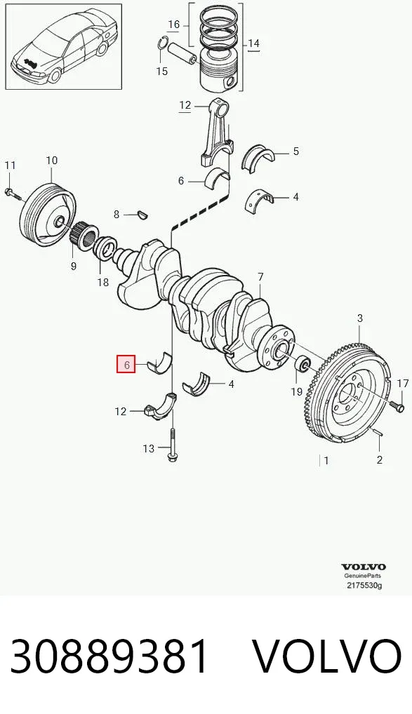 Juego de cojinetes de biela, cota de reparación (+0,25 mm) 30889381 Volvo