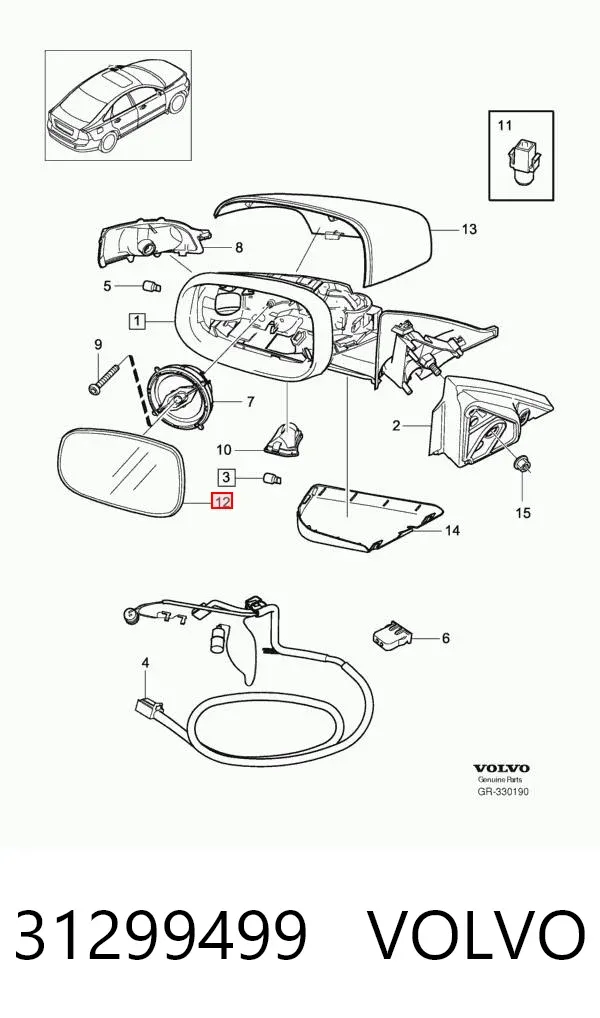 Cristal de espejo retrovisor derecho 31299499 Volvo