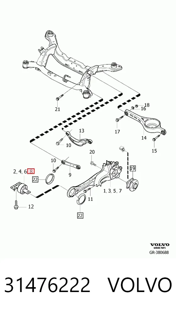 Buje delantero del brazo longitudinal trasero 31476222 Volvo