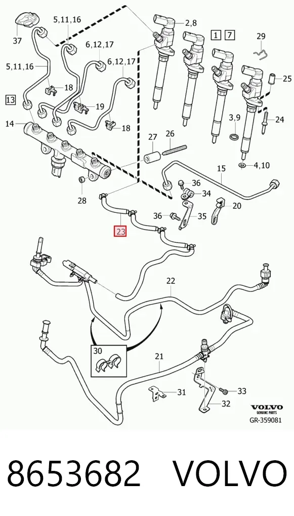 Tubería de retorno de combustible de los inyectores 8653682 Volvo