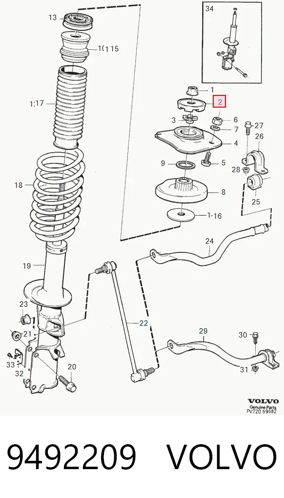 Soporte del amortiguador delantero 9492209 Volvo