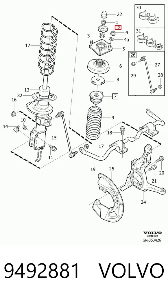 Soporte del amortiguador delantero 9492881 Volvo