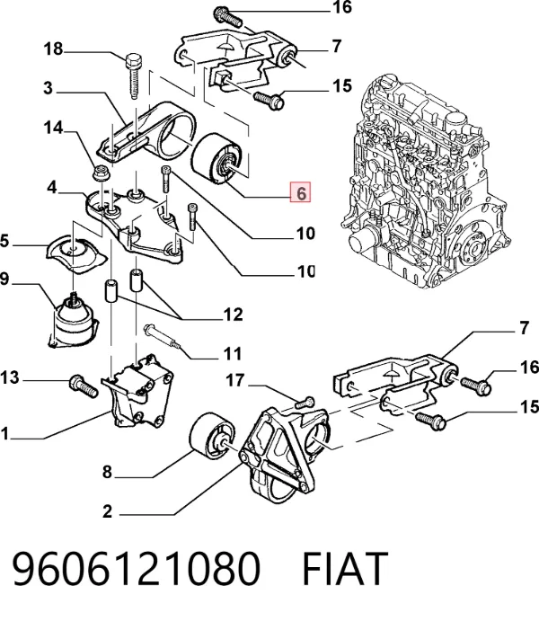 Soporte trasero de motor con silentblock 9606121080 Fiat/Alfa/Lancia
