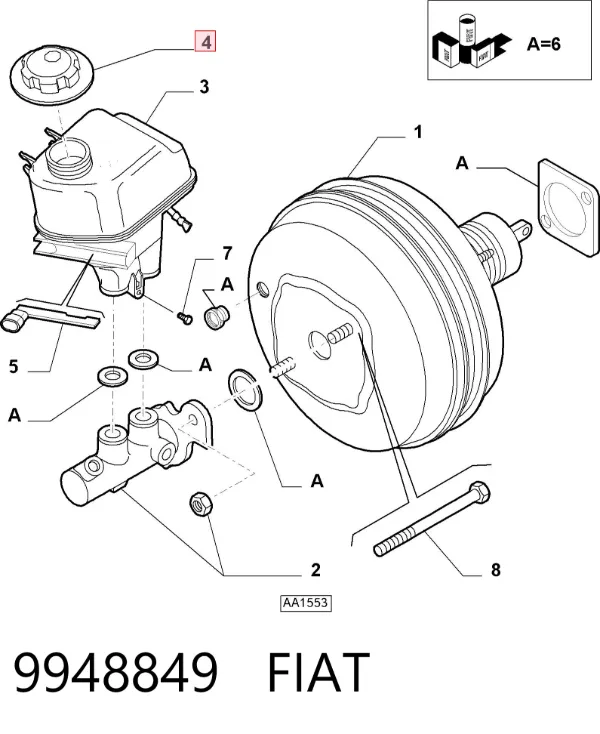 Tapa del depósito del cilindro maestro de freno 9948849 Fiat/Alfa/Lancia