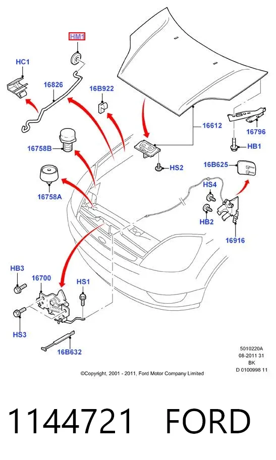 Fijador del soporte del capó 1144721 Ford