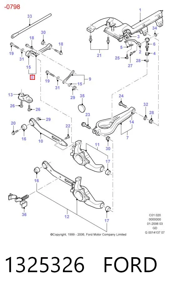 Brazo superior de suspensión trasera izquierdo/derecho 1325326 Ford