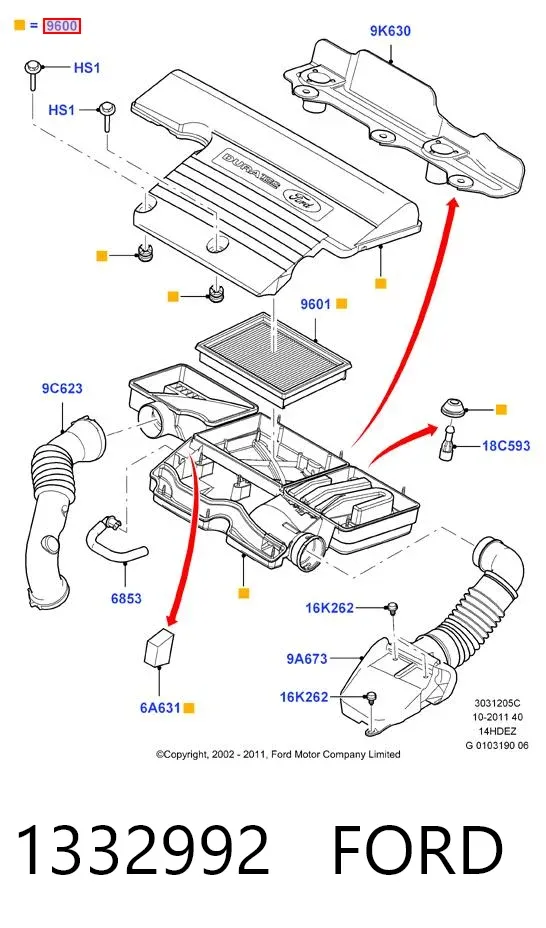 Caja del filtro de aire 1332992 Ford
