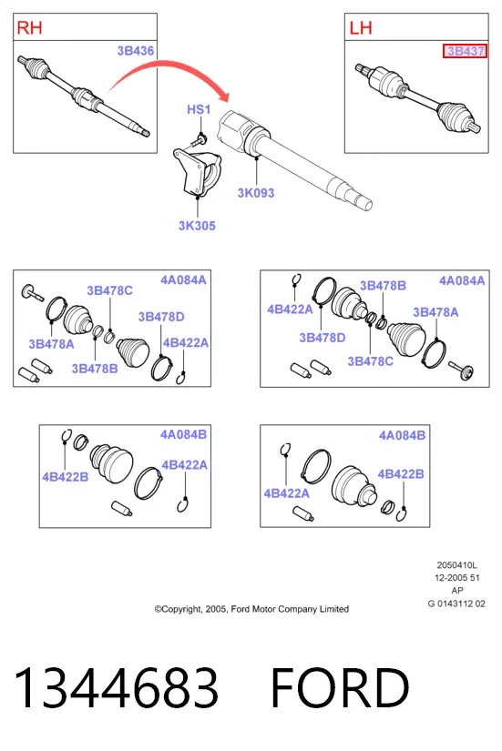 Semieje delantero izquierdo 1344683 Ford