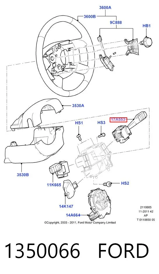 Conmutador derecho de la columna de dirección 1350066 Ford