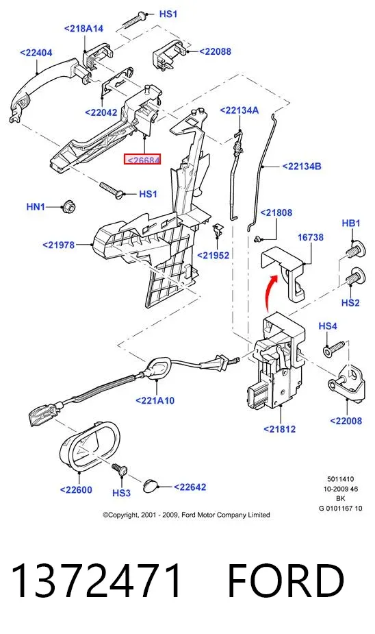 Soporte de manija exterior de puerta delantera derecha 1372471 Ford