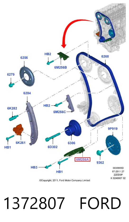 Tensor inferior de la cadena de distribución 1372807 Ford