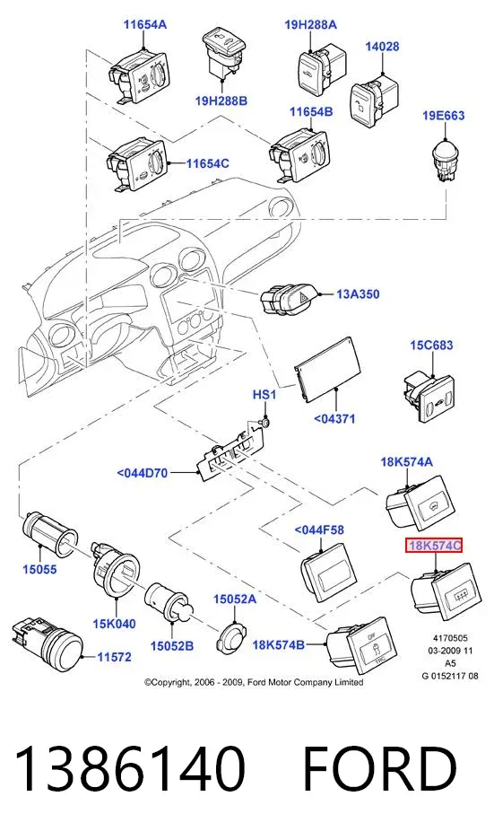 Botón de encendido de la calefacción de la luneta trasera 1386140 Ford