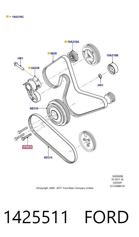 Perno de la polea del cigüeñal 1425511 Ford