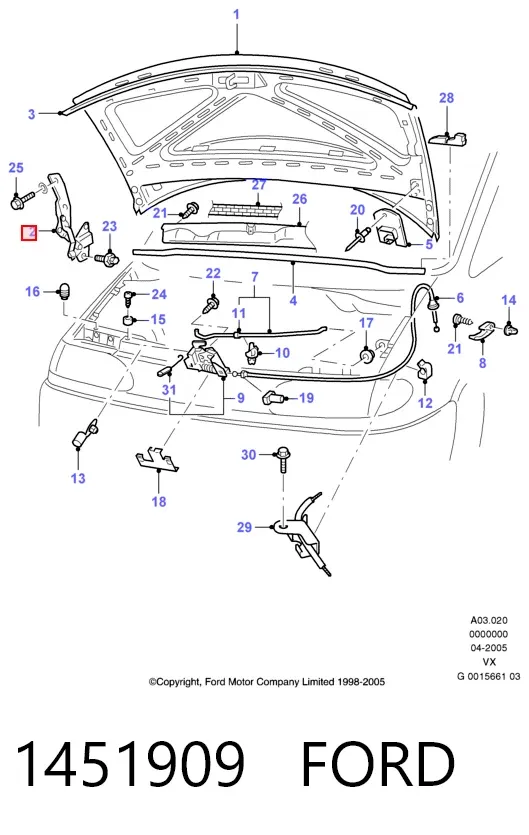 Bisagra izquierda del capó 1451909 Ford
