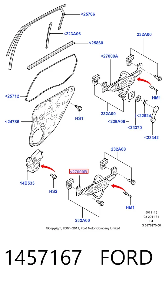 Mecanismo de elevalunas de la puerta trasera derecha 1457167 Ford
