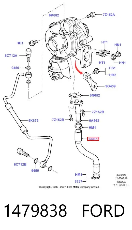 Tubo de drenaje de aceite de turbocompresor 1479838 Ford