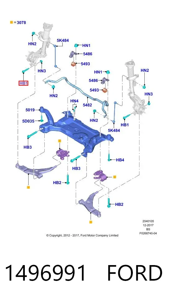 Perno de fijación del brazo oscilante delantero 1496991 Ford