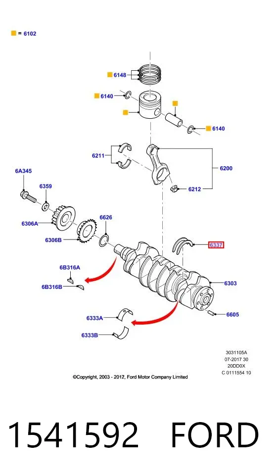 Arandela de empuje inferior del cigüeñal 1541592 Ford
