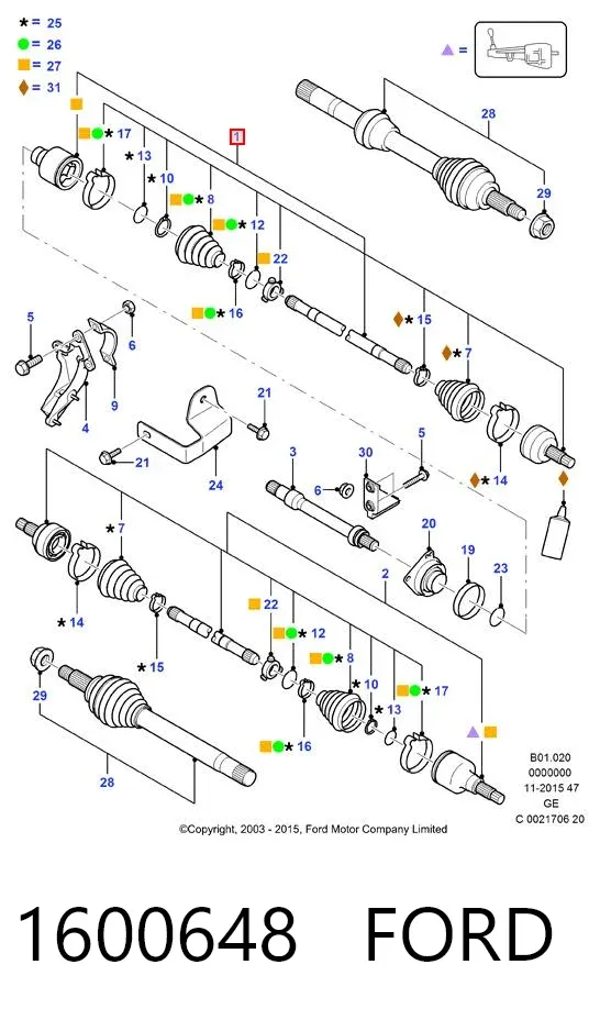 Semieje delantero derecho 1600648 Ford
