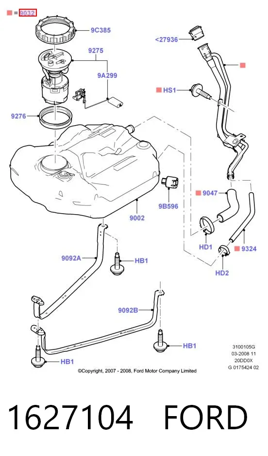 Boca de llenado del depósito de combustible 1627104 Ford