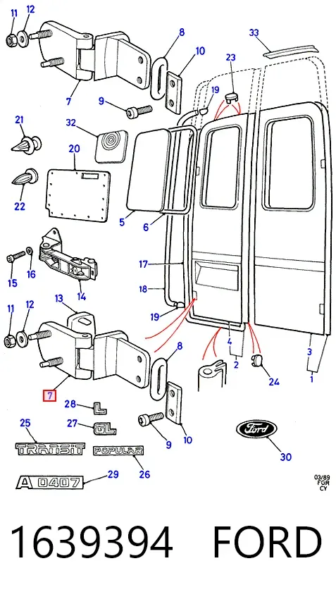 Bisagra superior derecha de puerta trasera batiente 1639394 Ford
