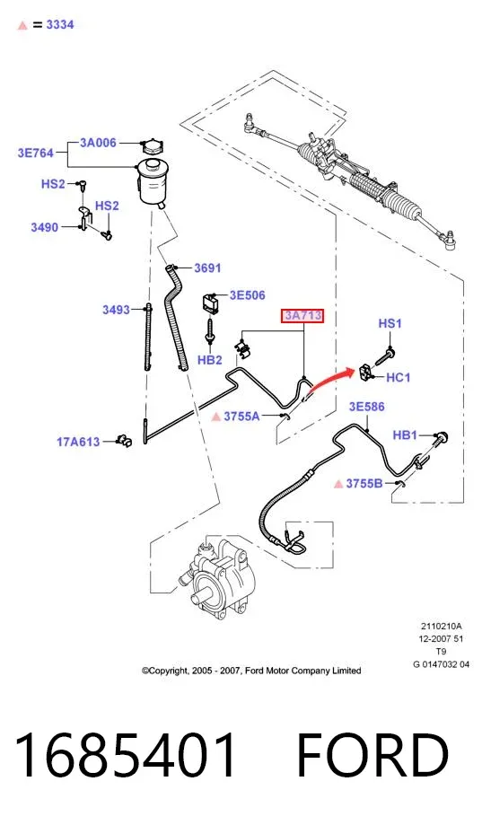 Manguera de baja presión de dirección asistida, de la cremallera al depósito 1685401 Ford