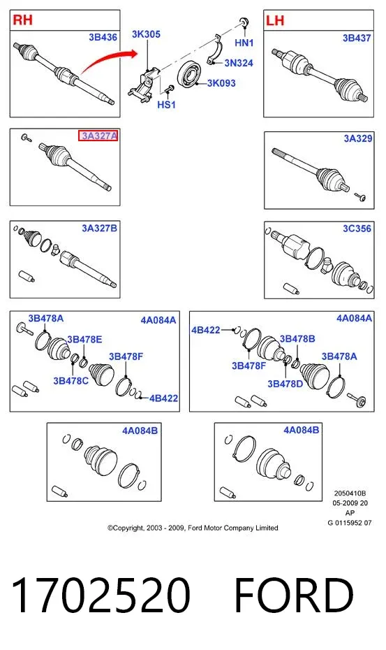 Semieje delantero derecho 1702520 Ford