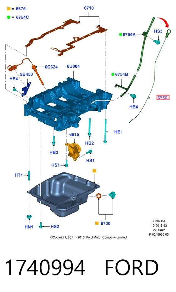 Guía de la varilla de nivel de aceite del motor 1740994 Ford
