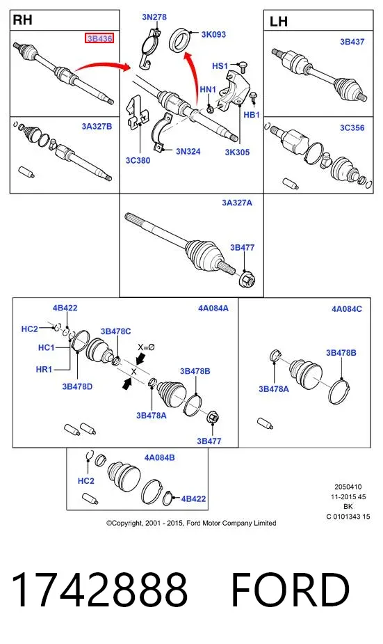 Semieje delantero derecho 1742888 Ford