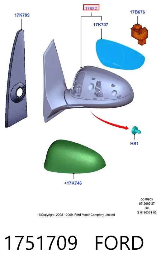 Espejo de retrovisor derecho 1751709 Ford