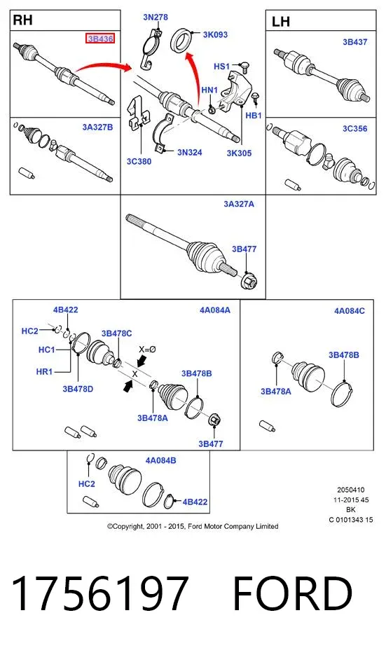 Semieje delantero derecho 1756197 Ford