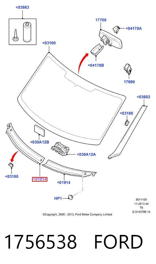 Rejilla derecha de limpiaparabrisas 1756538 Ford