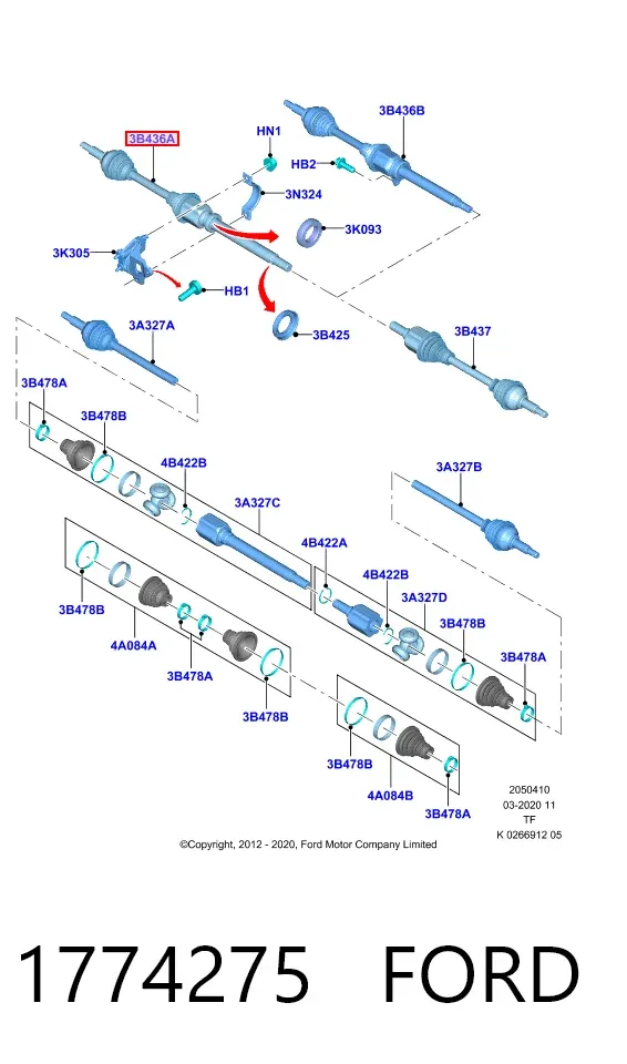 Semieje delantero derecho 1774275 Ford