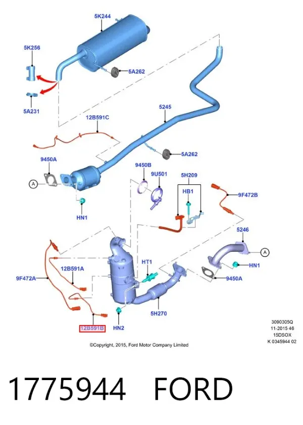 Sensor de temperatura de gases de escape antes del catalizador 1775944 Ford
